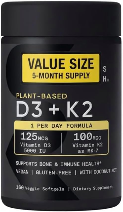 Sports Vitamin D3 K2 with 5000iu of Plant-Based D3 & 100mcg of Vitamin K2 as MK-7, Non-GMO Verified & Vegan Certified - 160 Liquid Softgels - Pack1 - Maple Wellness Supplements