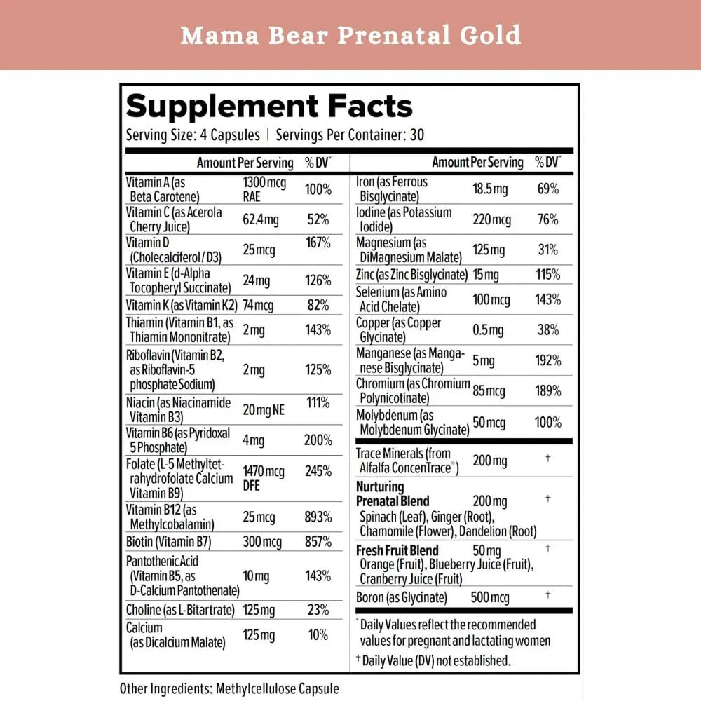 SPRIGS Mama Bear Prenatal Gold Multivitamin with Choline and Methylated Folate for Pregnancy Support Easy to Digest Prenatal Vitamins - TrustMedUSA
