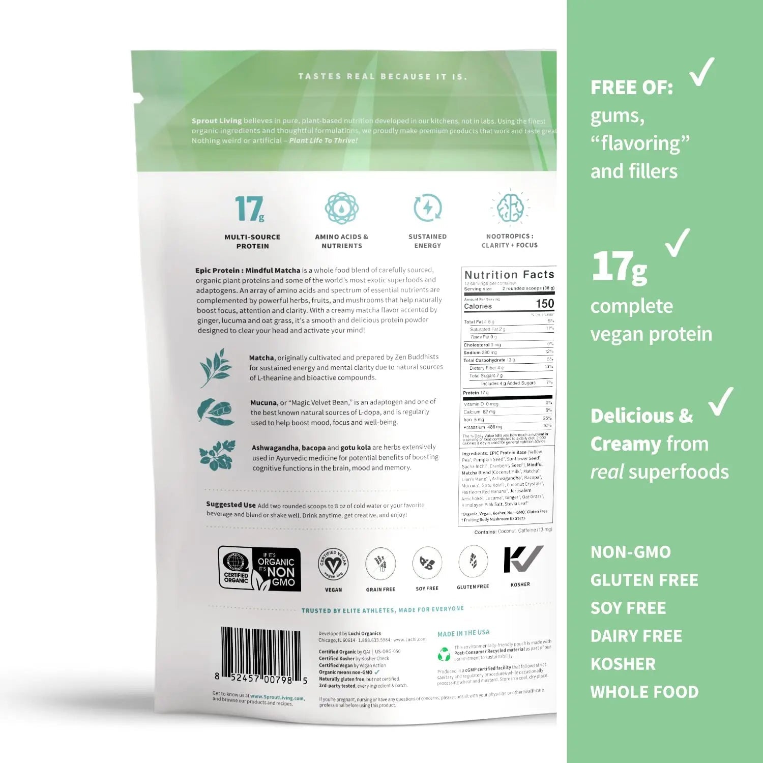Sprout Living Epic Protein, Plant Based Protein & Superfoods Powder, Mindful Matcha - TrustMedUSA