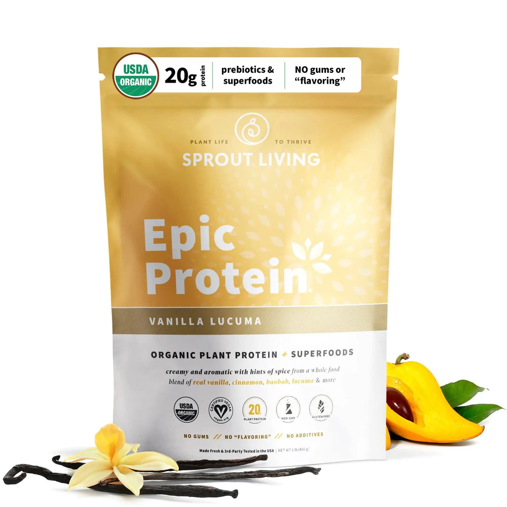 Sprout Living Epic Protein, Plant Based Protein & Superfoods Powder, Vanilla Lucuma Powder | 20 Grams Organic Protein Powder, Vegan, Non Dairy, Non-GMO, Gluten Free, Low Sugar (1 Pound, 12 Servings) - TrustMedUSA
