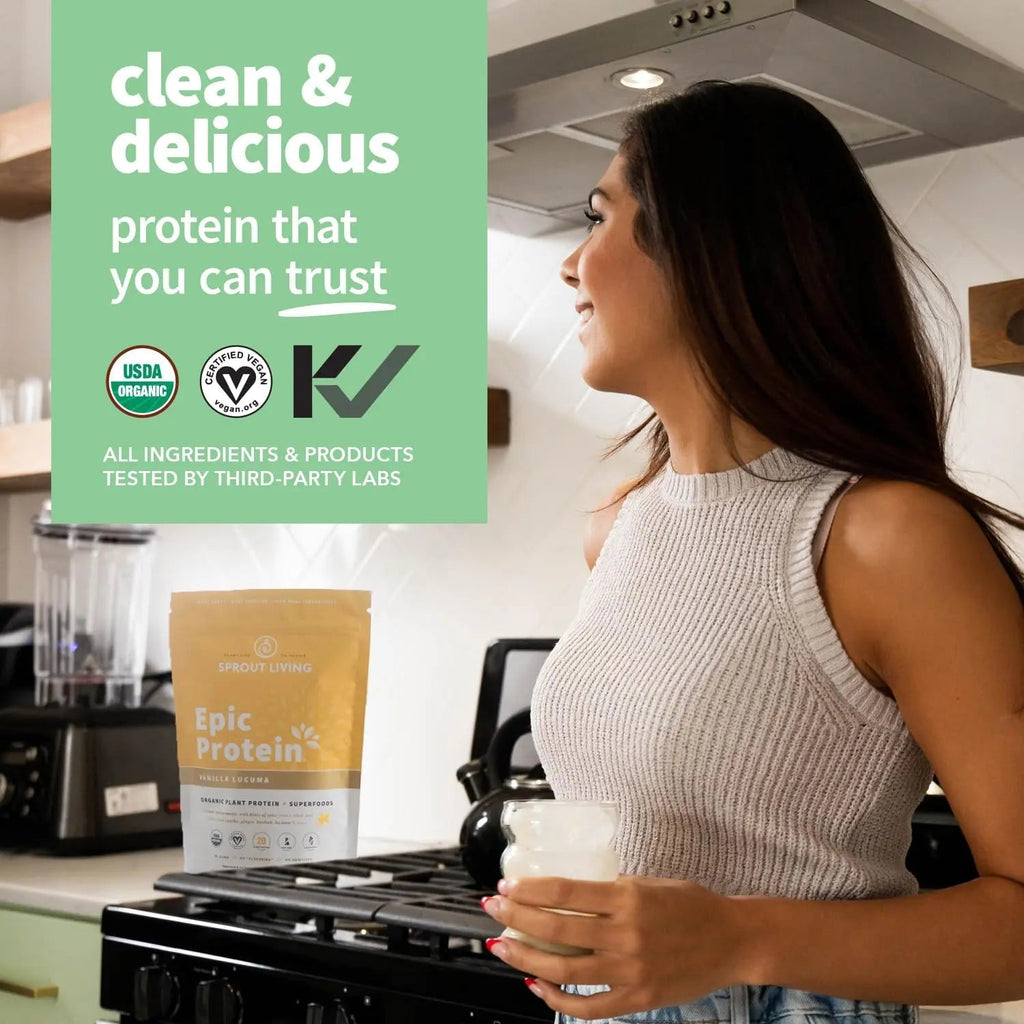 Sprout Living Epic Protein, Plant Based Protein & Superfoods Powder, Vanilla Lucuma Powder | 20 Grams Organic Protein Powder, Vegan, Non Dairy, Non-GMO, Gluten Free, Low Sugar (1 Pound, 12 Servings) - TrustMedUSA