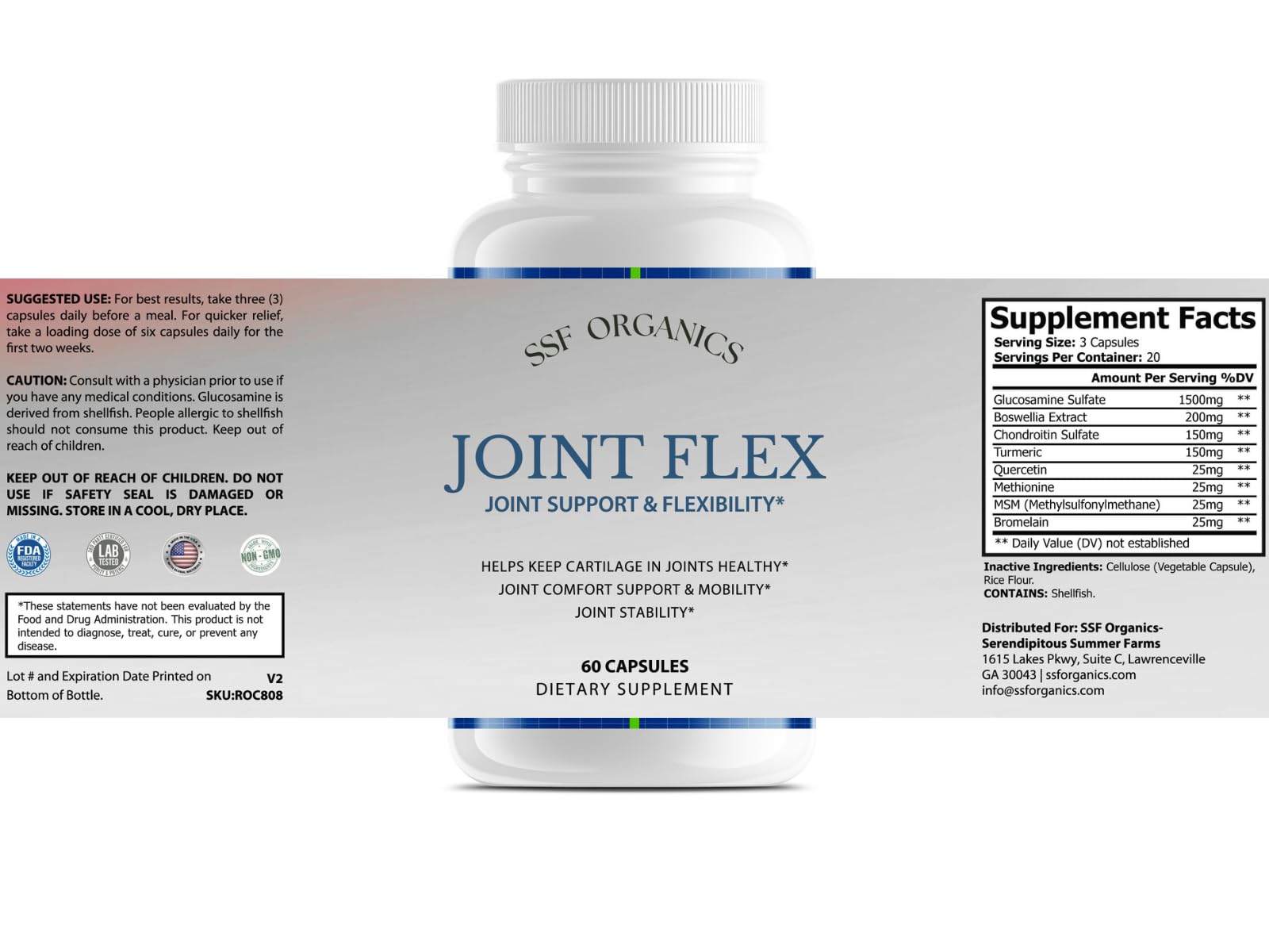 SSF Organics-Joint Flex with Glucosamine Chondroitin Turmeric Msm Boswellia - Joint Support Supplement for Relief 60 Capsules for Bones, Back, Knees, Hands (60 Capsules) - TrustMedUSA