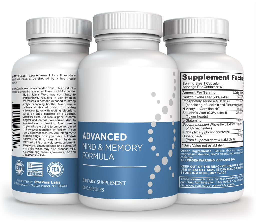 StarPass Labs Advanced Memory Formula Extreme Brain Booster, Brain Supplement for Memory, Focus and Mental Performance, Memory Vitamins for Better Brain Health 180 Capsules (3 Pack) - TrustMedUSA