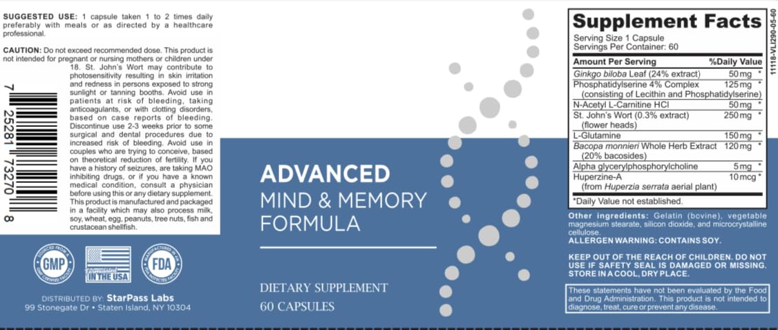 StarPass Labs Advanced Memory Formula Extreme Brain Booster, Brain Supplement for Memory, Focus and Mental Performance, Memory Vitamins for Better Brain Health 180 Capsules (3 Pack) - TrustMedUSA
