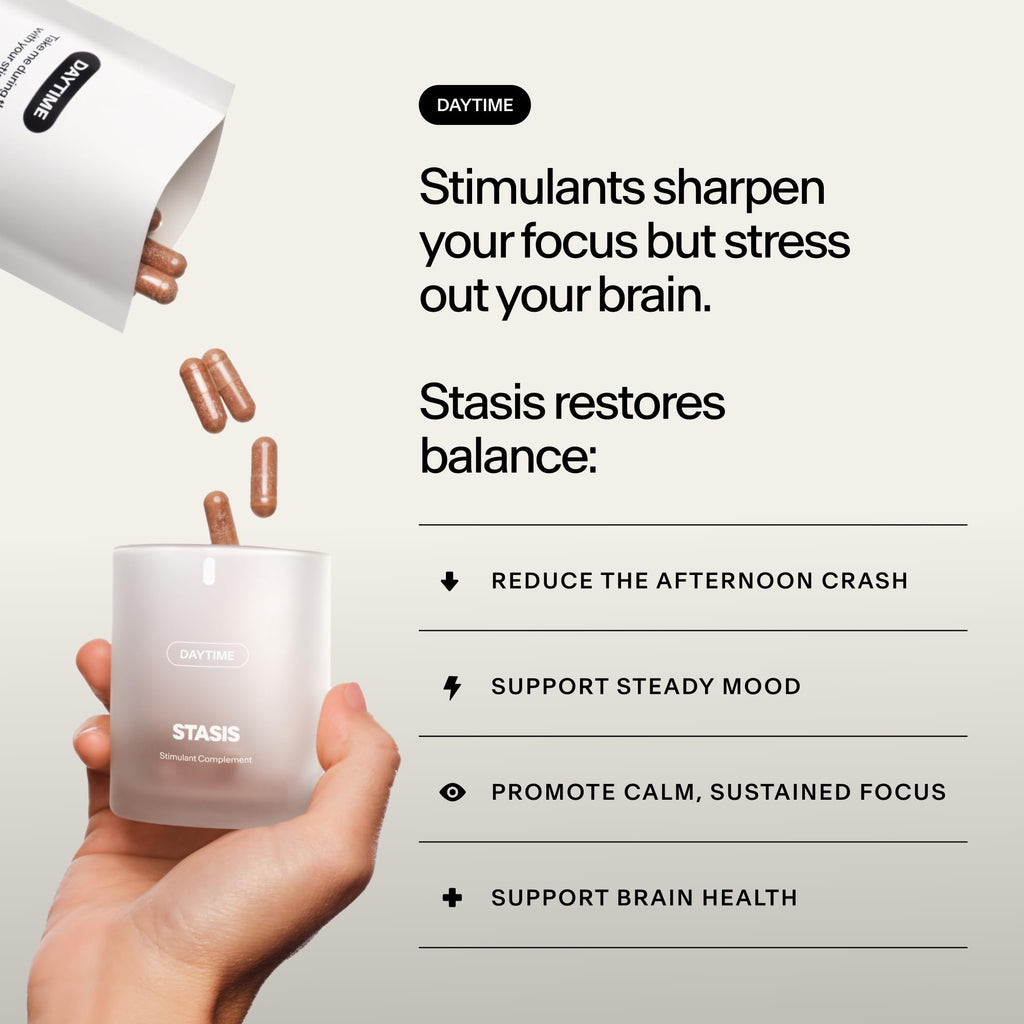 Stasis Daytime Energy & Focus Supplement for Men & Women with Vitamin D3, L Theanine, Ashwagandha & CoQ10, Cognitive Support Capsules for Morning Routines, Vegan, - TrustMedUSA