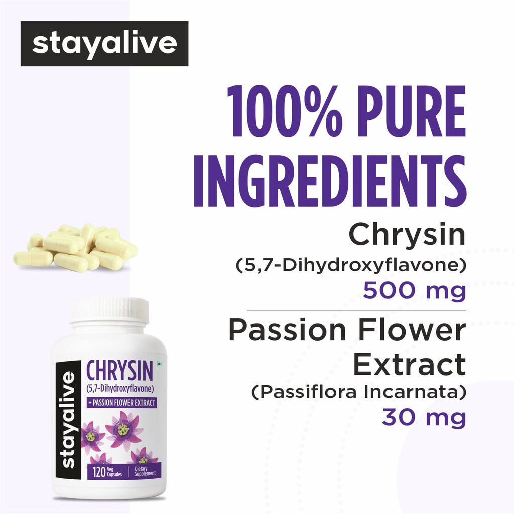 STAY ALIVE Chrysin Supplement 500mg & Passion Flower Extract Powder, 5,7-Dihydroxyflavone, Non-GMO and Gluten-Free Chrysin for Men and Women, 120 Capsules - TrustMedUSA