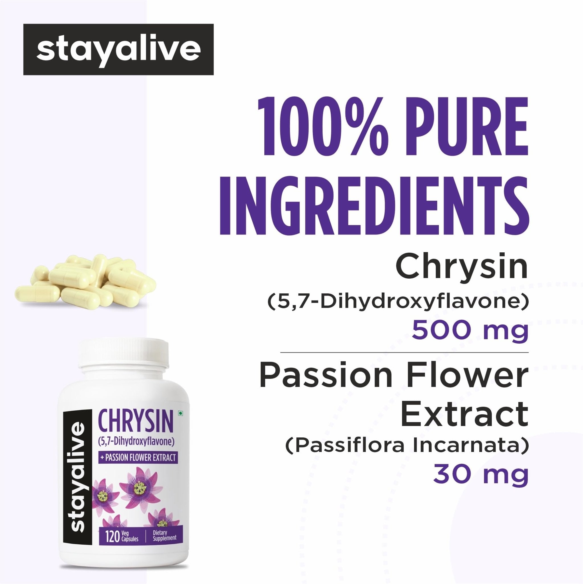 STAY ALIVE Chrysin Supplement 500mg & Passion Flower Extract Powder, 5,7-Dihydroxyflavone, Non-GMO and Gluten-Free Chrysin for Men and Women, 120 Capsules - TrustMedUSA