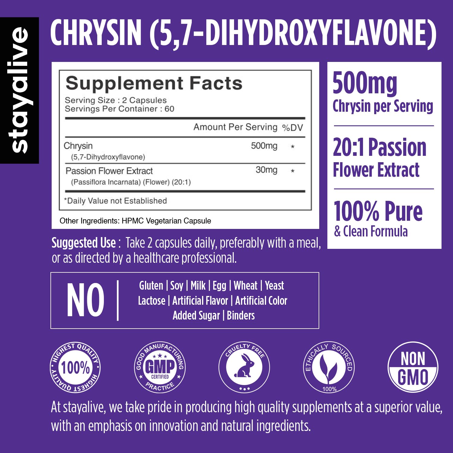 STAY ALIVE Chrysin Supplement 500mg & Passion Flower Extract Powder, 5,7-Dihydroxyflavone, Non-GMO and Gluten-Free Chrysin for Men and Women, 120 Capsules - TrustMedUSA