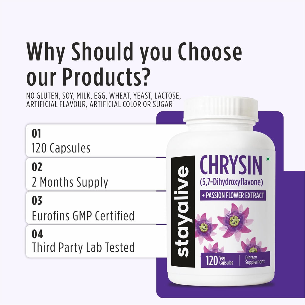 STAY ALIVE Chrysin Supplement 500mg & Passion Flower Extract Powder, 5,7-Dihydroxyflavone, Non-GMO and Gluten-Free Chrysin for Men and Women, 120 Capsules - TrustMedUSA