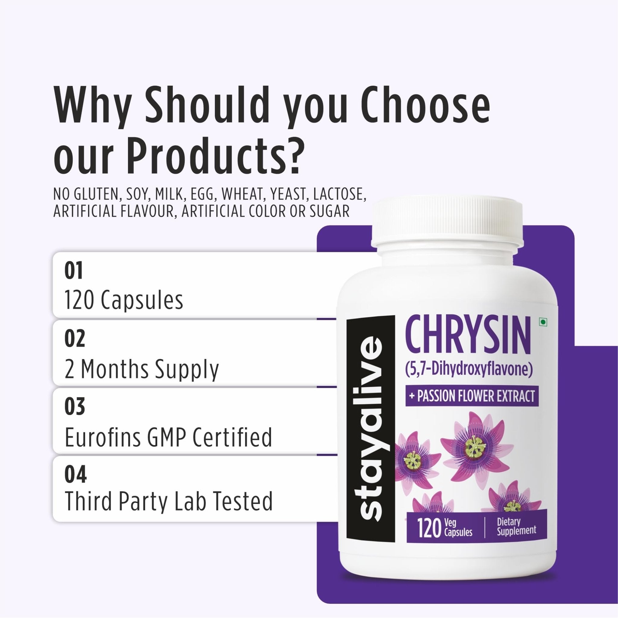 STAY ALIVE Chrysin Supplement 500mg & Passion Flower Extract Powder, 5,7-Dihydroxyflavone, Non-GMO and Gluten-Free Chrysin for Men and Women, 120 Capsules - TrustMedUSA