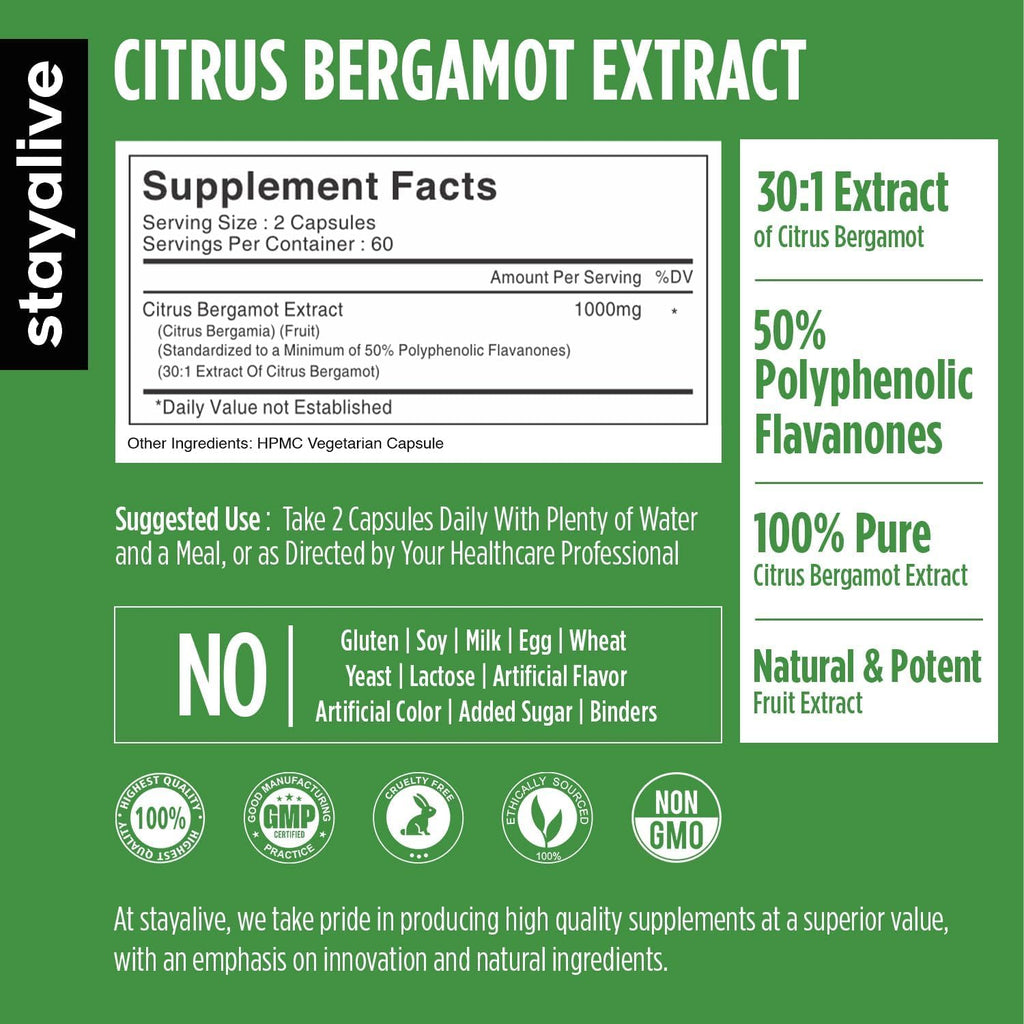 STAY ALIVE Citrus Bergamot Capsules 1000mg, 30:1 Super Extract with 50% Polyphenolic Flavanones, 120 Pills, Citrus Bioflavonoids Supplements for Women & Men | Non-GMO, Gluten-Free - TrustMedUSA