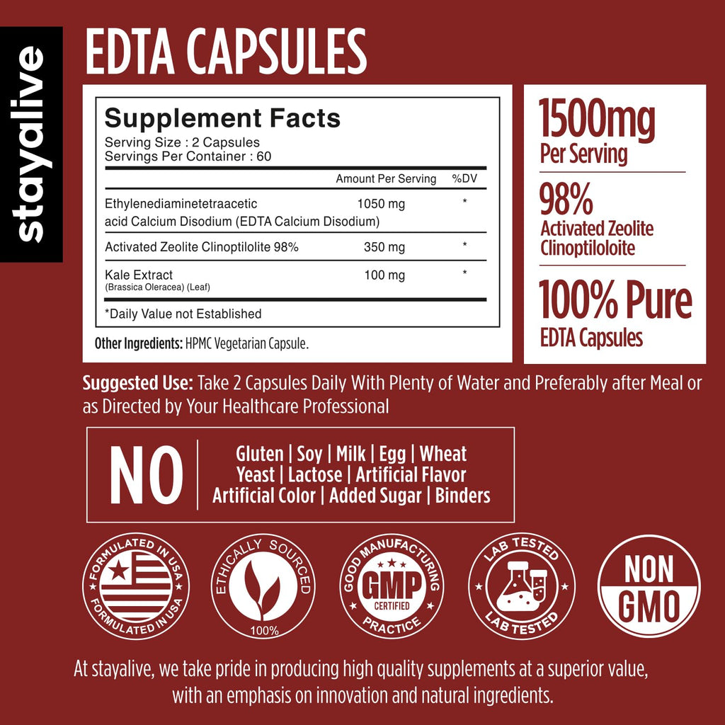 STAY ALIVE EDTA Capsules 1500mg with Zeolite 98% and Kale Extract Powder, 120 Pills, Non-GMO & Gluten Free Calcium Disodium EDTA Supplement - TrustMedUSA