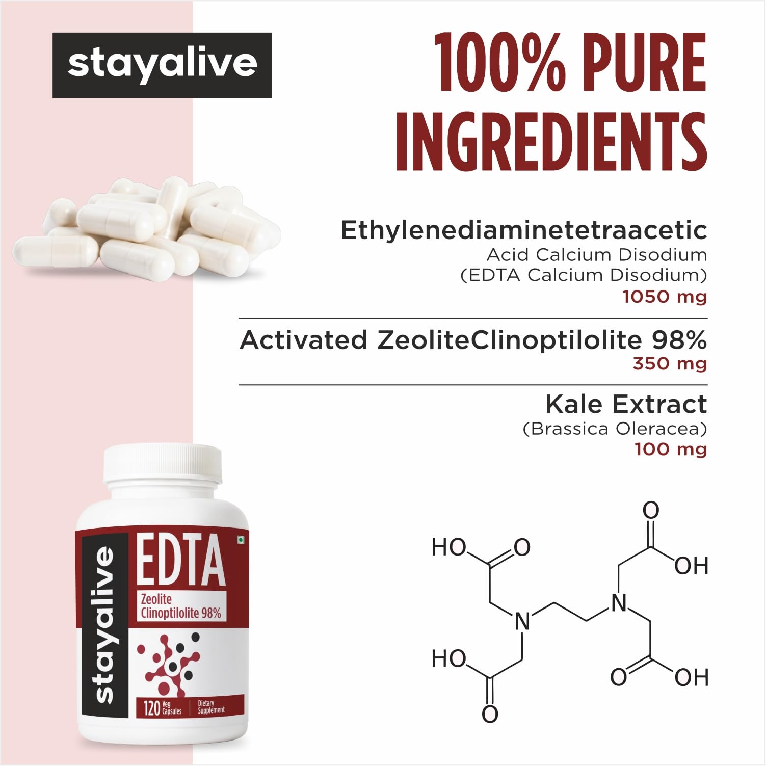 STAY ALIVE EDTA Capsules 1500mg with Zeolite 98% and Kale Extract Powder, 120 Pills, Non-GMO & Gluten Free Calcium Disodium EDTA Supplement - TrustMedUSA