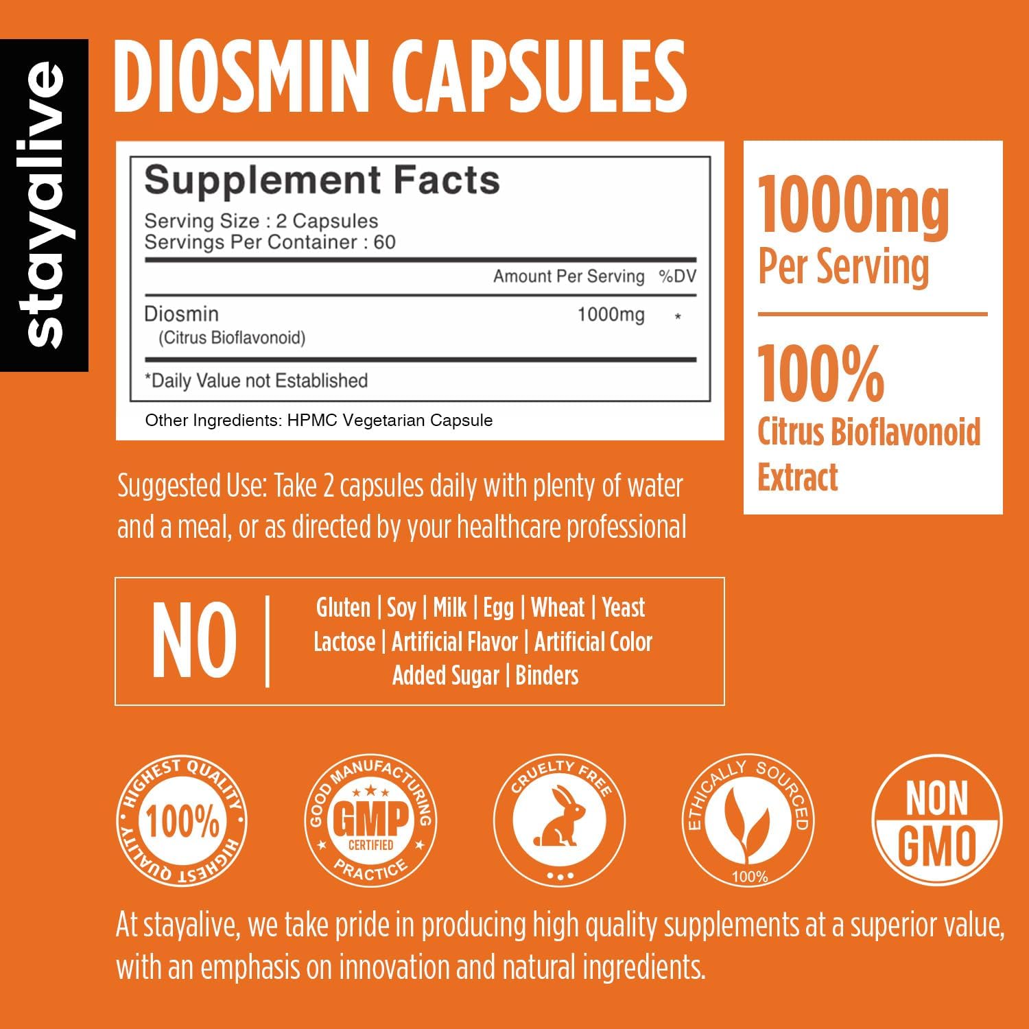 STAY ALIVE Pure Diosmin Complex 1000mg Formula, 120 Capsules, Citrus Bioflavonoids Rich Fruit Extract, 2 Month Supply, 100% Vegetarian, Non-GMO & Gluten Free Diosmin Supplement - TrustMedUSA