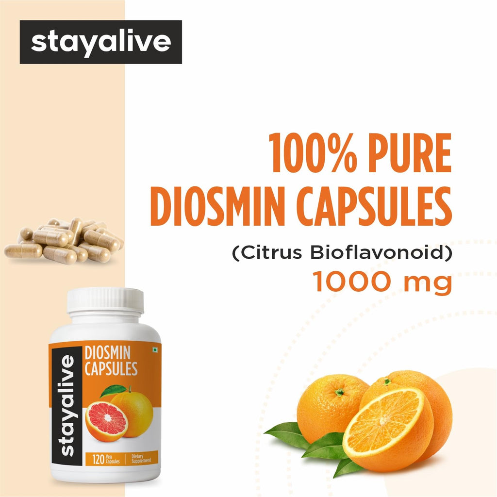 STAY ALIVE Pure Diosmin Complex 1000mg Formula, 120 Capsules, Citrus Bioflavonoids Rich Fruit Extract, 2 Month Supply, 100% Vegetarian, Non-GMO & Gluten Free Diosmin Supplement - TrustMedUSA