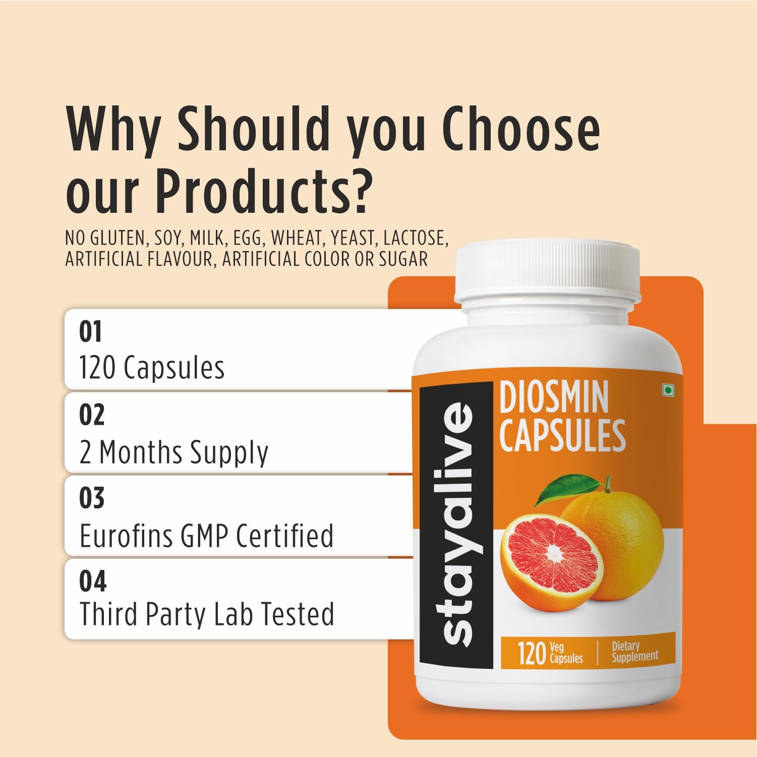 STAY ALIVE Pure Diosmin Complex 1000mg Formula, 120 Capsules, Citrus Bioflavonoids Rich Fruit Extract, 2 Month Supply, 100% Vegetarian, Non-GMO & Gluten Free Diosmin Supplement - TrustMedUSA