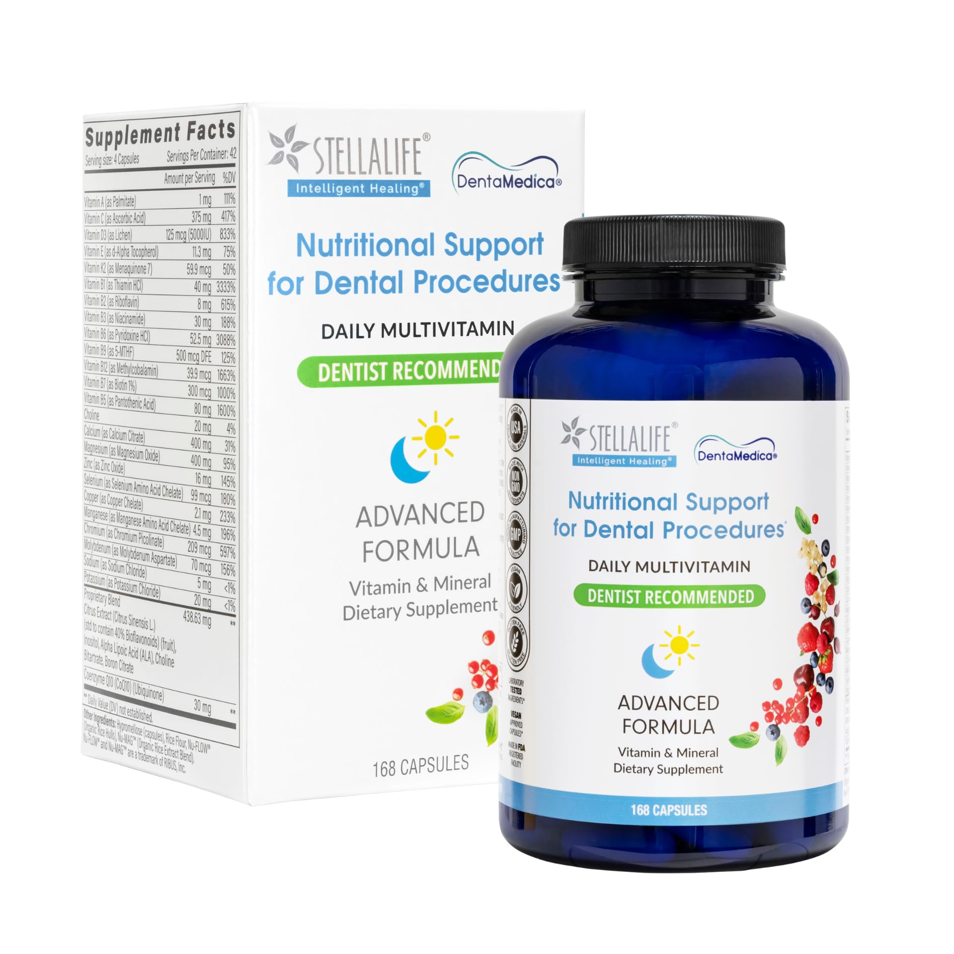 StellaLife DentaMedica Vegan Daily Multivitamin Nutritional Support for Faster Dental Surgery Recovery, VIT D3 K2 C B Zinc CoQ10 Magnesium, Healthy Bones & Gums, Non-GMO, GMP USA, 168 Capsules - TrustMedUSA