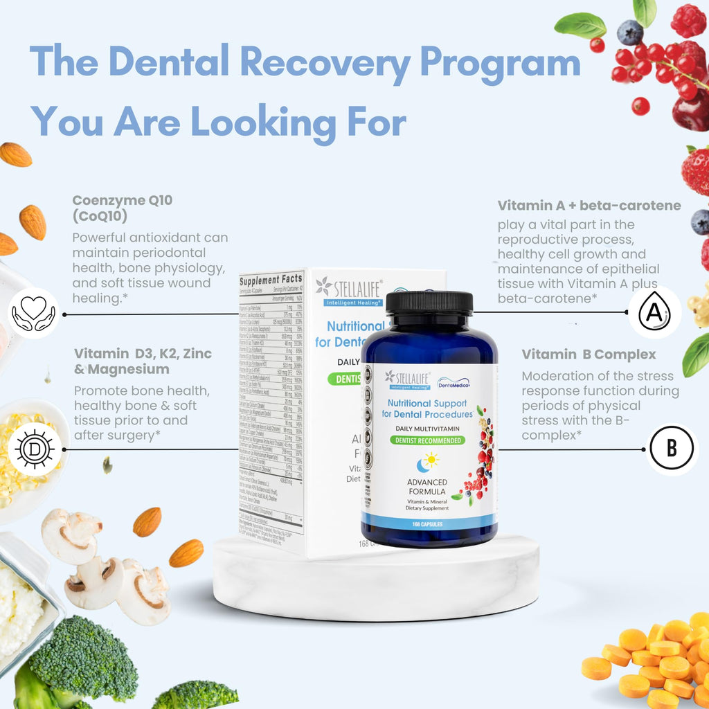 StellaLife DentaMedica Vegan Daily Multivitamin Nutritional Support for Faster Dental Surgery Recovery, VIT D3 K2 C B Zinc CoQ10 Magnesium, Healthy Bones & Gums, Non-GMO, GMP USA, 168 Capsules - TrustMedUSA