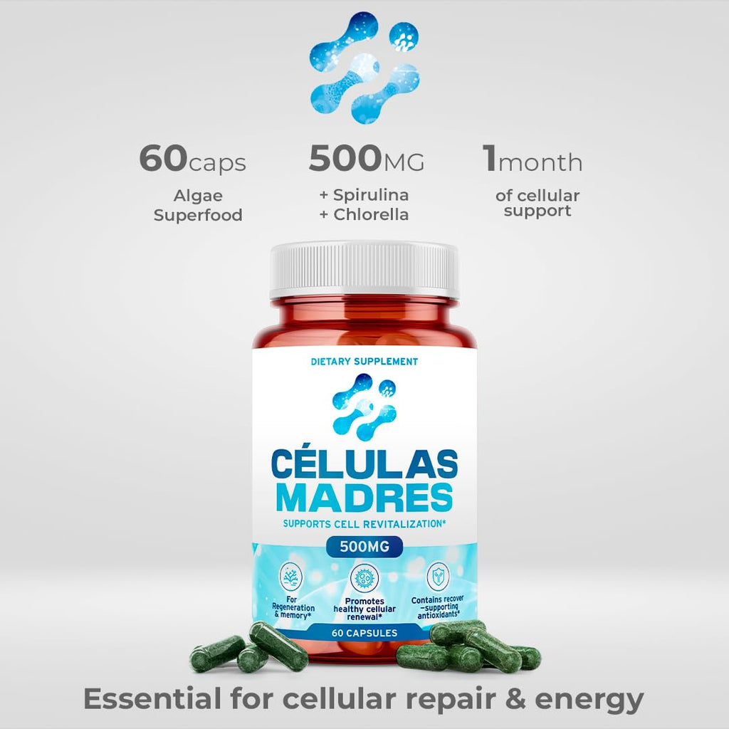 Stem Cell Supplements 500mg (60 Cap) Natural Anti-Aging & Longevity Support with Spirulina & Chlorella, Boost Cellular Renewal, Restore Youthful Energy, Reduce Joint Soreness – Celulas Madre - TrustMedUSA