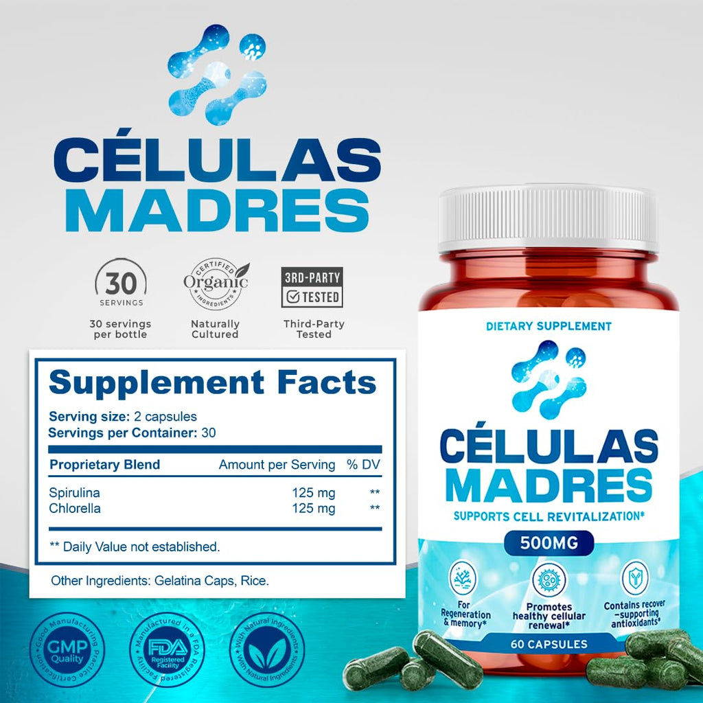 Stem Cell Supplements 500mg (60 Cap) Natural Anti-Aging & Longevity Support with Spirulina & Chlorella, Boost Cellular Renewal, Restore Youthful Energy, Reduce Joint Soreness – Celulas Madre - TrustMedUSA