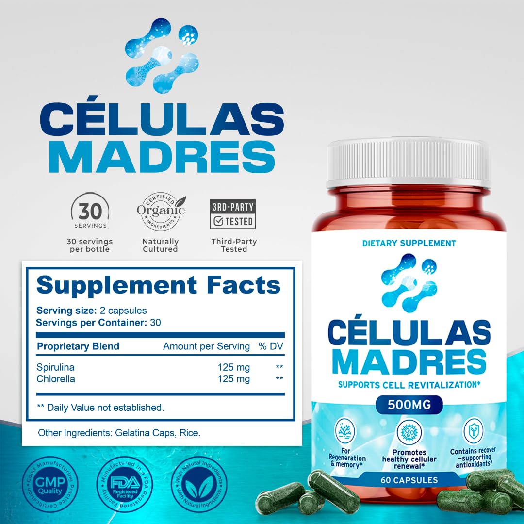 Stem Cell Supplements 500mg (60 Cap) Natural Anti-Aging & Longevity Support with Spirulina & Chlorella, Boost Cellular Renewal, Restore Youthful Energy, Reduce Joint Soreness – Celulas Madre - TrustMedUSA