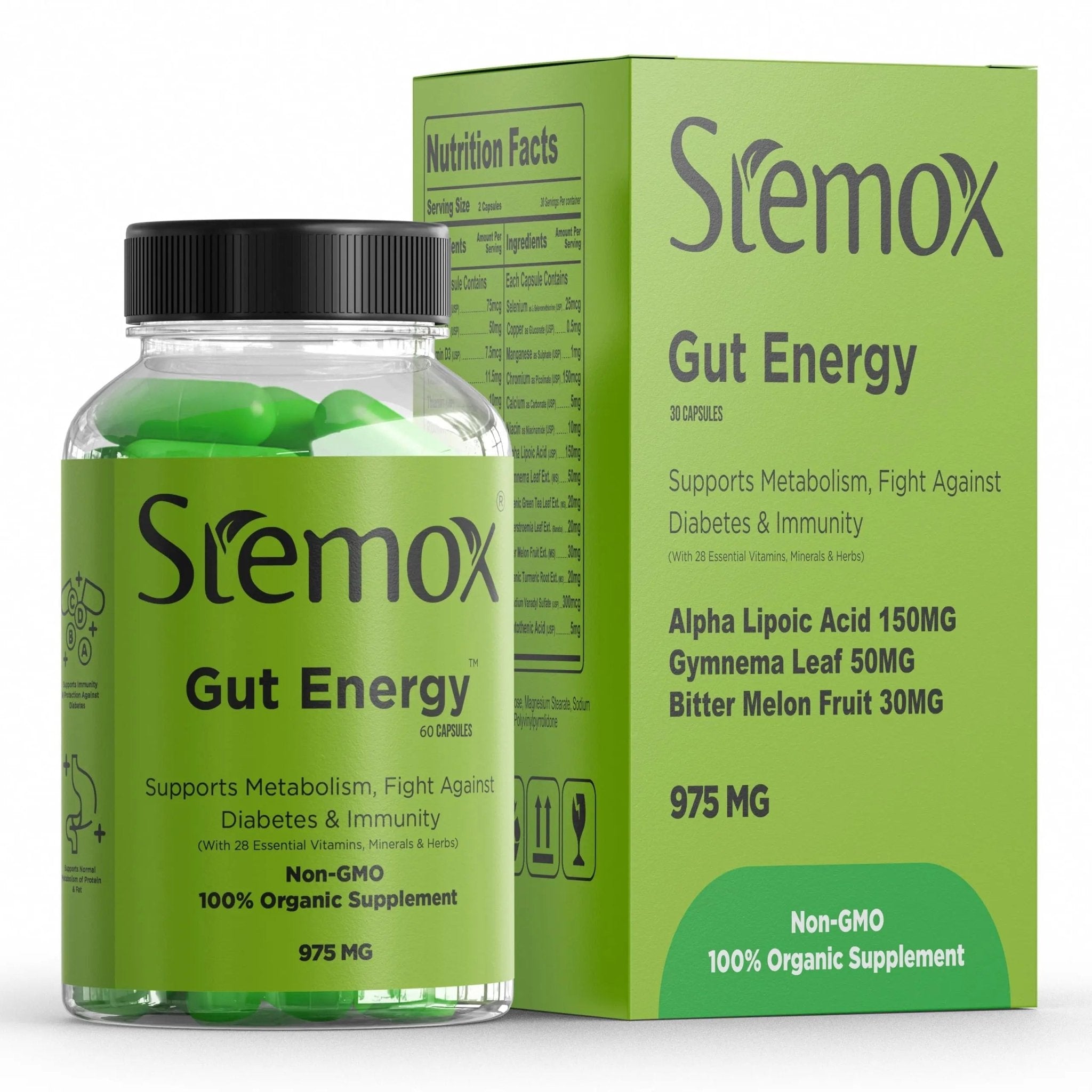 Stemox Gut Energy – Natural Energy & Metabolism Support Supplement with Biotin, Chromium, Alpha Lipoic Acid & Organic Herbal Extracts – Blood Sugar & Gut Health Support – 60 Vegan Capsules - TrustMedUSA