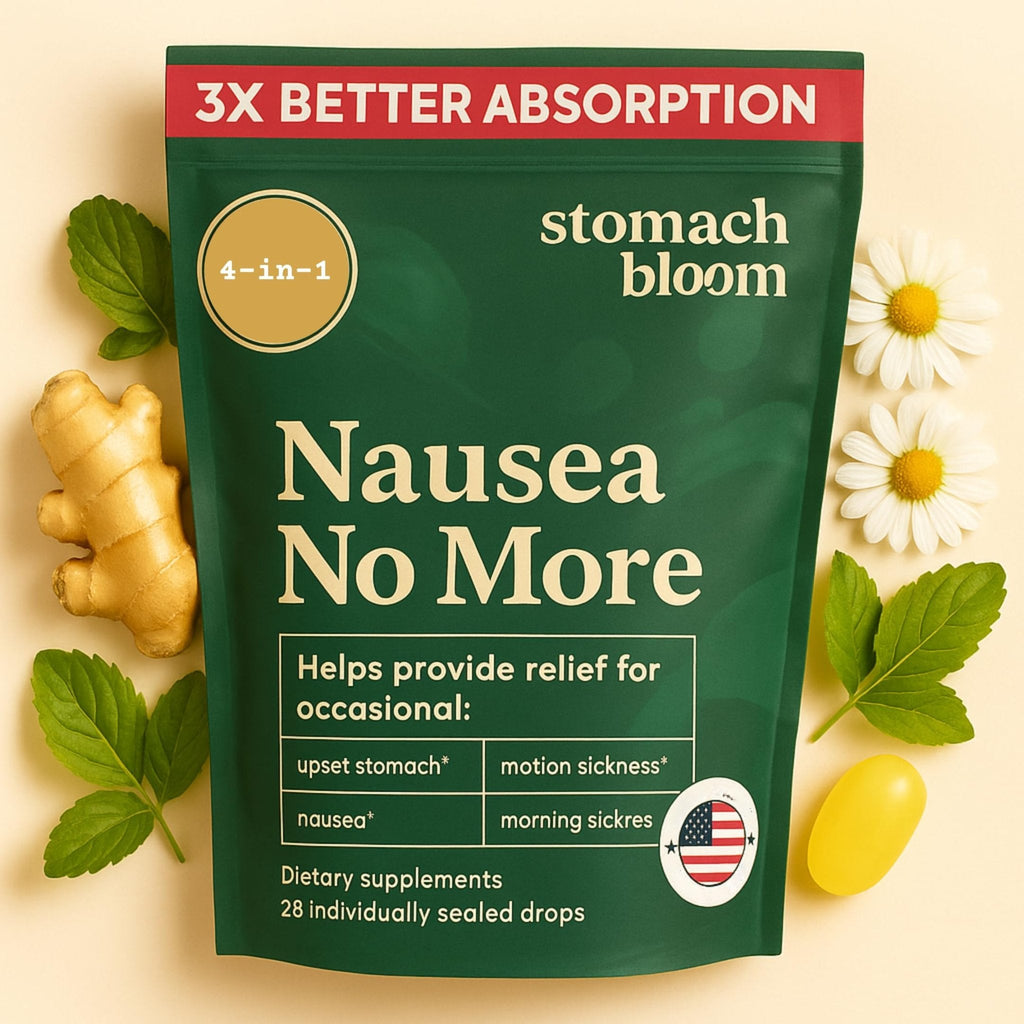 Stomach Bloom Fast-Acting Ginger for Nausea Relief | Herbal Relief for Pregnancy Nausea and Morning & Motion Sickness | Ginger, Lemon, Spearmint & B6. 28 Individually Sealed Drops. - Maple Wellness Supplements