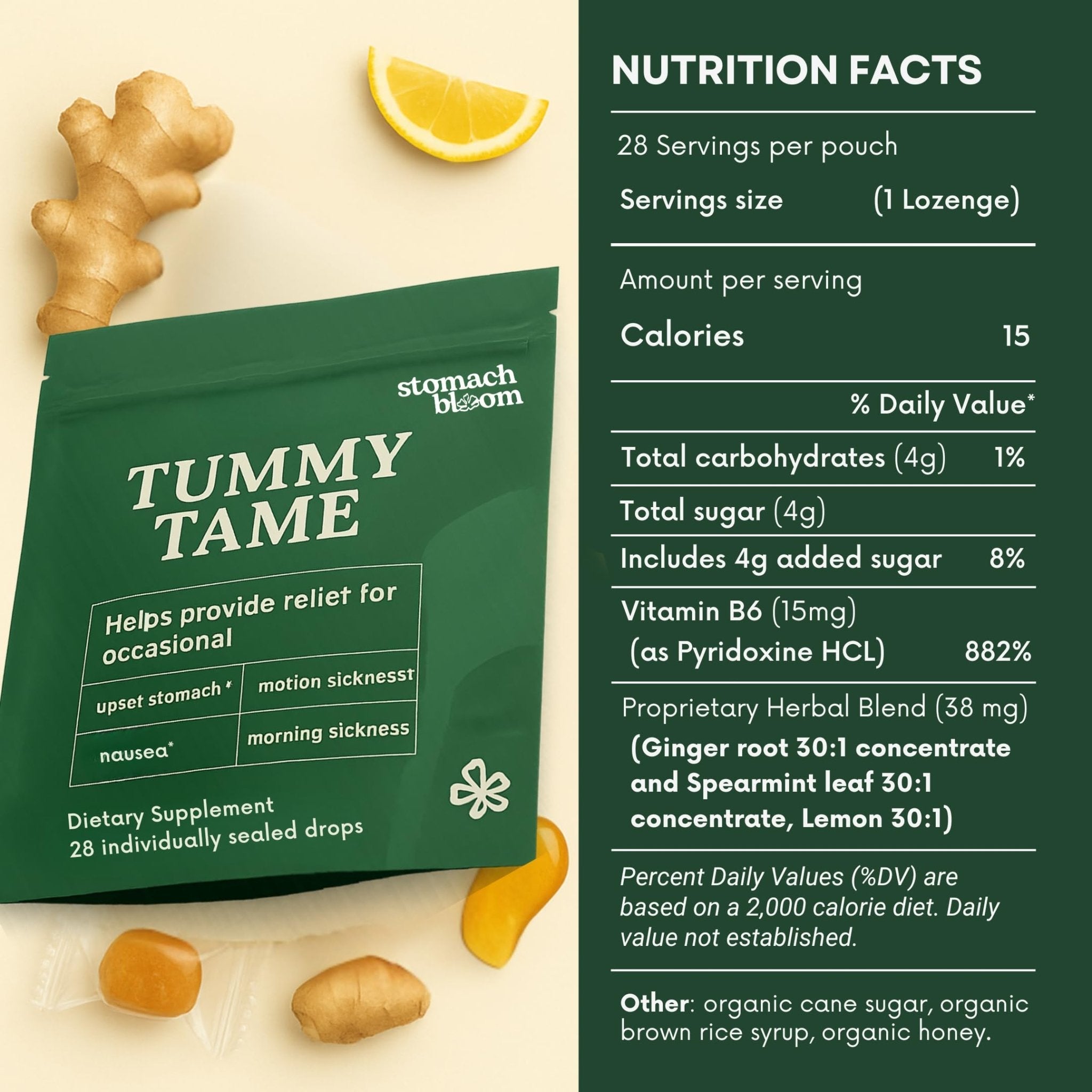 Stomach Bloom Fast-Acting Ginger for Nausea Relief | Herbal Relief for Pregnancy Nausea and Morning & Motion Sickness | Ginger, Lemon, Spearmint & B6. 28 Individually Sealed Drops. - Maple Wellness Supplements