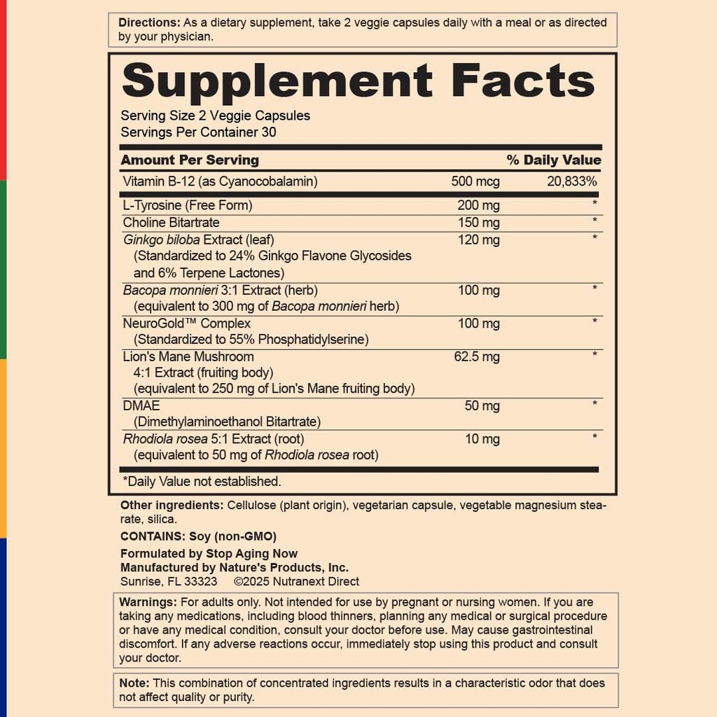 Stop Aging Now - Brain Supplement Complex - with Ginkgo Biloba, Lion's Mane, Bacopa, and DMAE - 60 Vegetarian Capsules - Advanced Blend - TrustMedUSA