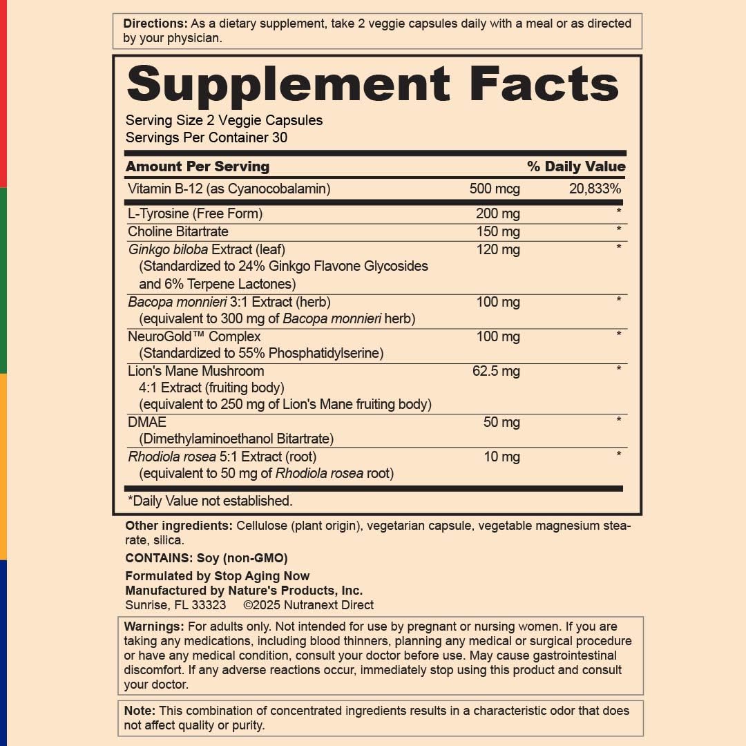 Stop Aging Now - Brain Supplement Complex - with Ginkgo Biloba, Lion's Mane, Bacopa, and DMAE - 60 Vegetarian Capsules - Advanced Blend - TrustMedUSA