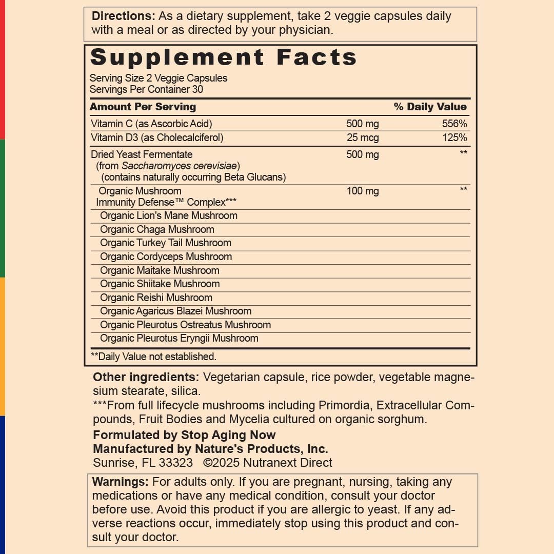 Stop Aging Now - Immune Support - with Vitamin C, Vitamin D3 and Mushroom Complex - 60 Vegetarian Capsules - TrustMedUSA