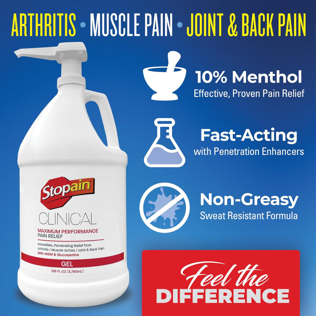 Stopain Clinical Pain Relief Gel 1 Gallon - Professional Formula for Arthritis, Knee, Back & Muscle Pain - Maximum Strength Gel for Joint & Nerve Pains with 10% Menthol Plus Glucosamine - Made in USA - TrustMedUSA