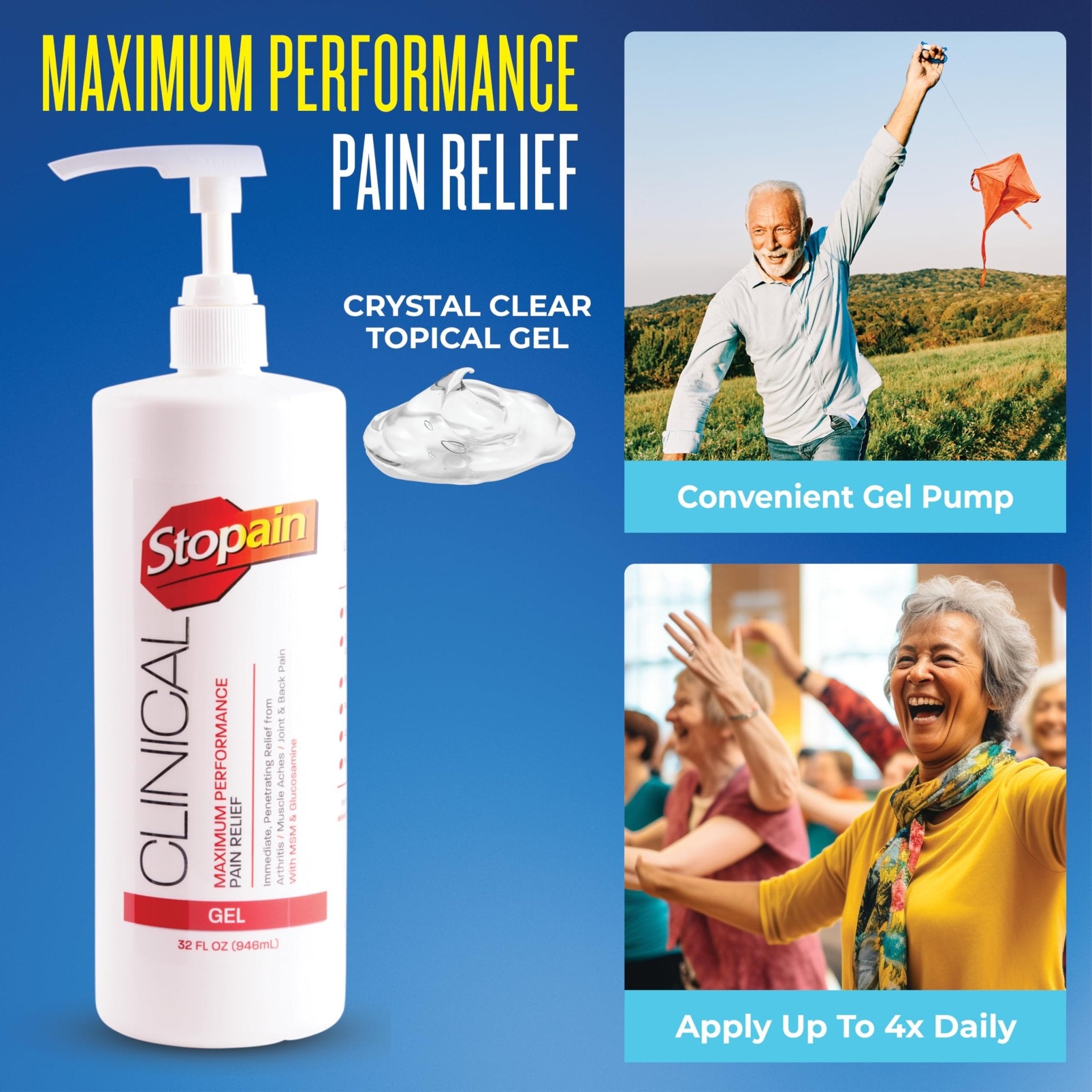 Stopain Clinical Pain Relief Gel 32 oz - Professional Formula for Arthritis, Knee, Back & Muscle Pain - Maximum Strength Gel for Joint & Nerve Pains with 10% Menthol Plus Glucosamine - Made in USA - TrustMedUSA