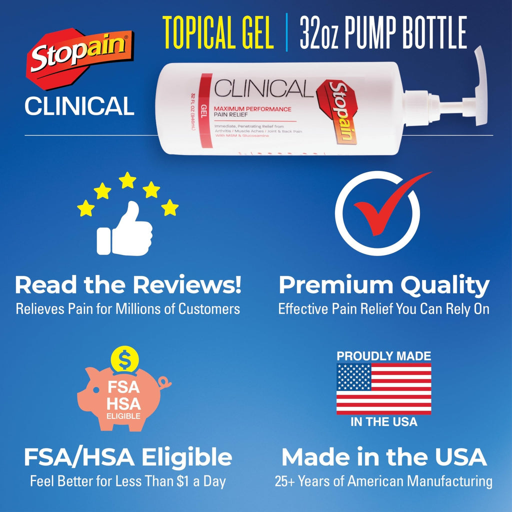 Stopain Clinical Pain Relief Gel 32 oz - Professional Formula for Arthritis, Knee, Back & Muscle Pain - Maximum Strength Gel for Joint & Nerve Pains with 10% Menthol Plus Glucosamine - Made in USA - TrustMedUSA