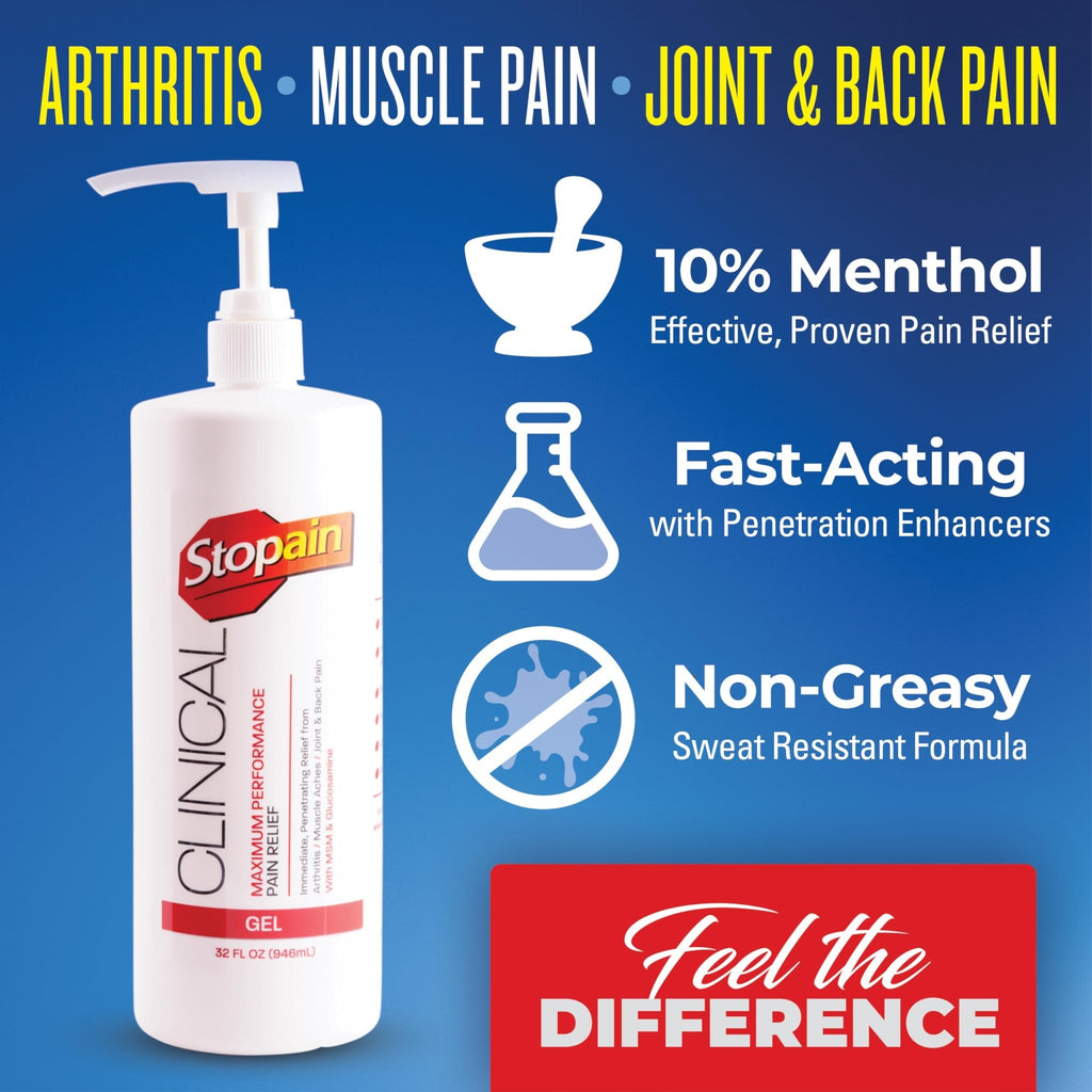 Stopain Clinical Pain Relief Gel 32 oz - Professional Formula for Arthritis, Knee, Back & Muscle Pain - Maximum Strength Gel for Joint & Nerve Pains with 10% Menthol Plus Glucosamine - Made in USA - TrustMedUSA