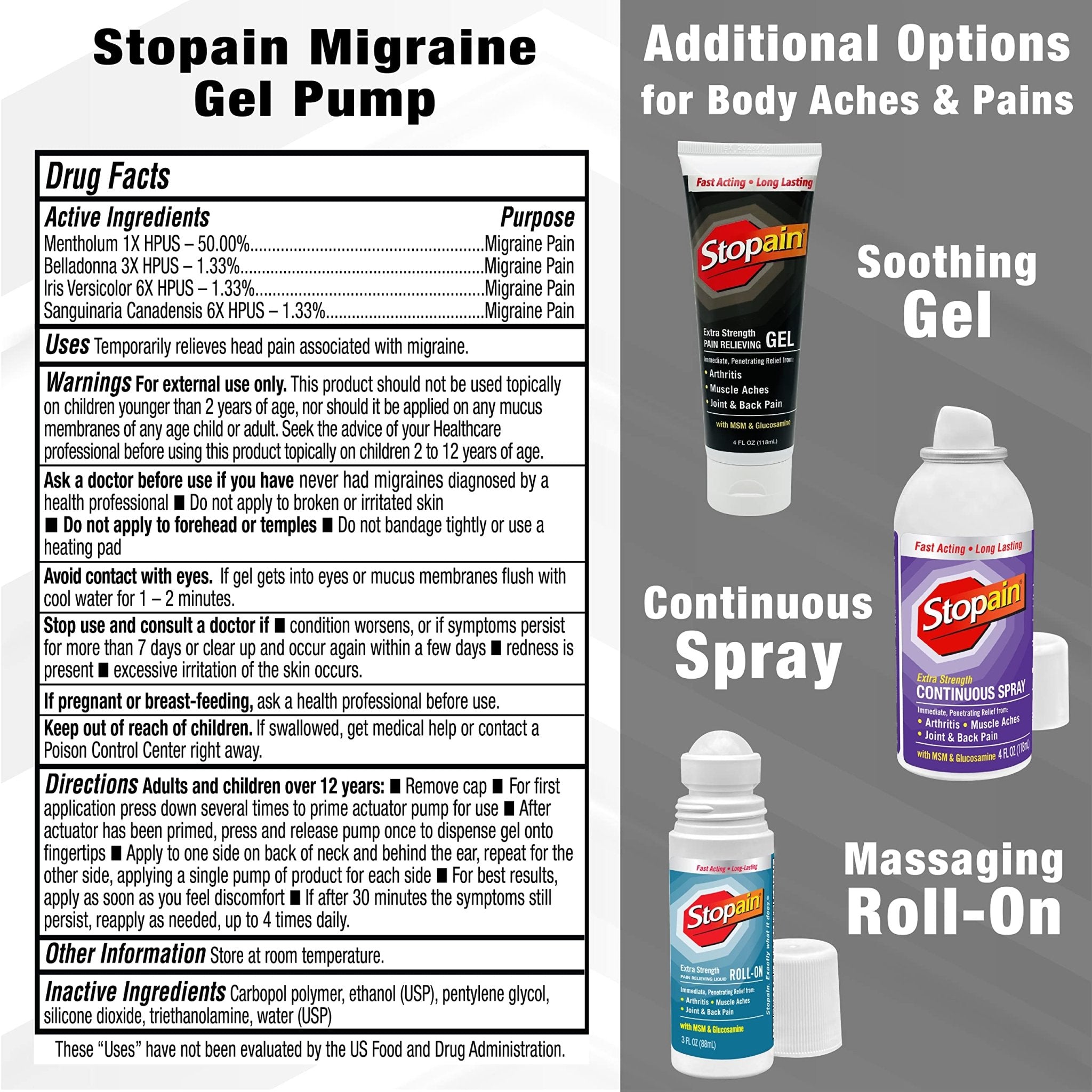 Stopain Migraine Pain Relief Gel Pump, 1.62oz (2 Pack), USA Made, Max Strength Fast Acting Research Proven Effective Topical, No Known Side Effects or Drug Interactions, HSA FSA Approved Products - TrustMedUSA