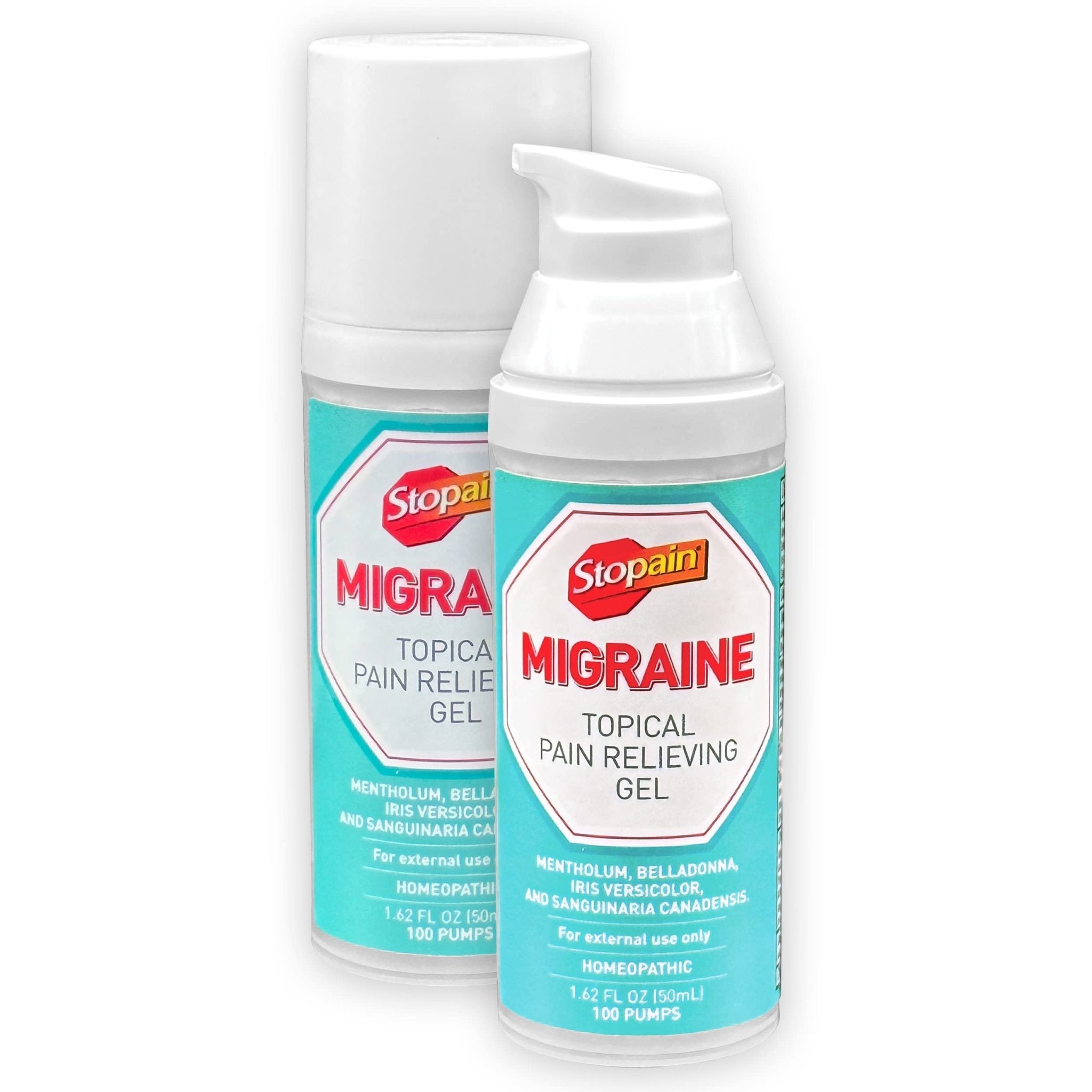 Stopain Migraine Pain Relief Gel Pump, 1.62oz (2 Pack), USA Made, Max Strength Fast Acting Research Proven Effective Topical, No Known Side Effects or Drug Interactions, HSA FSA Approved Products - TrustMedUSA