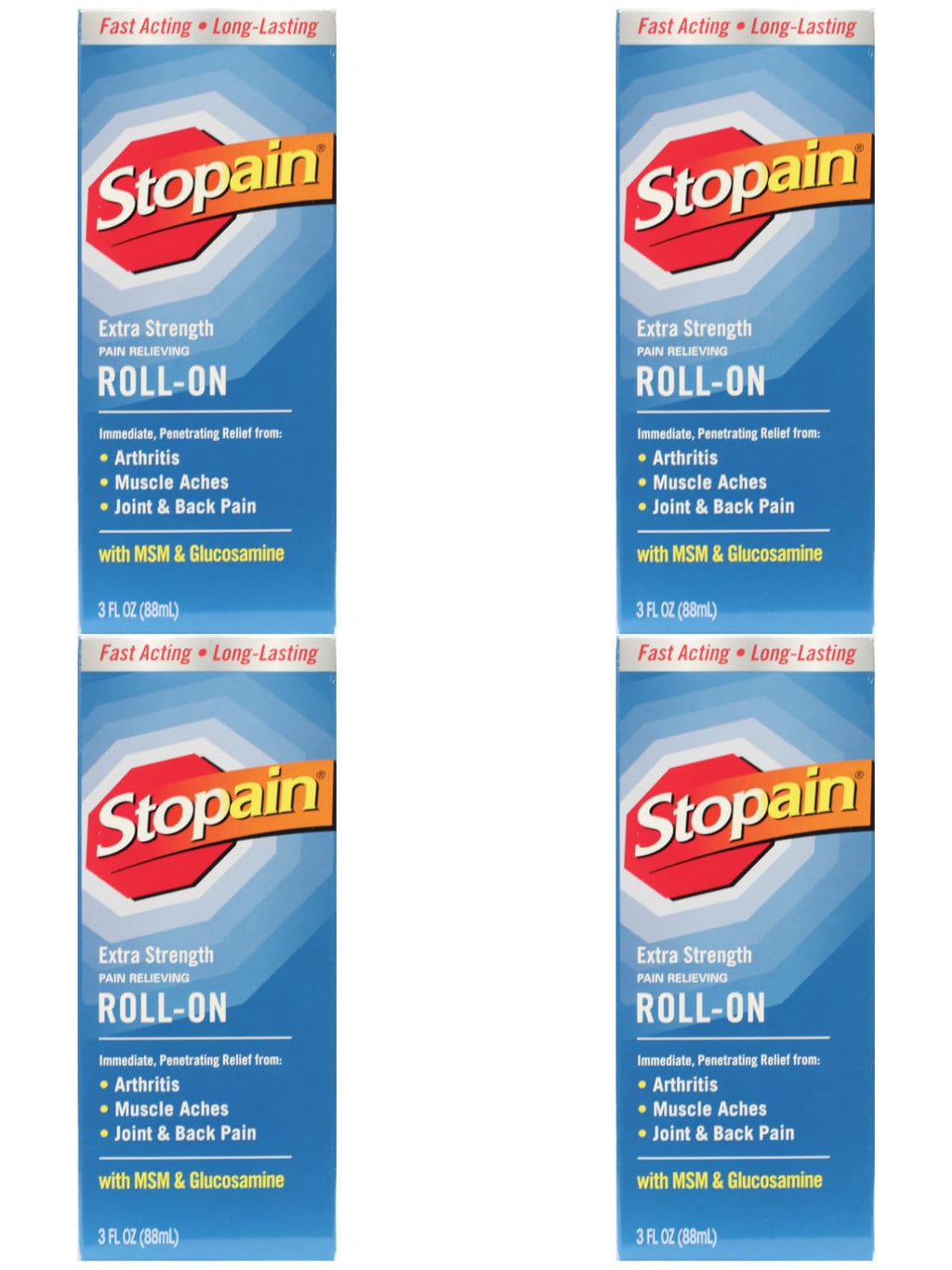 Stopain Pain Relief Roll On Gel 3oz (4 Pack) USA Made, Max Strength Fast Acting with MSM, Glucosamine, Menthol for Lower Back, Knee, Neck, HSA FSA Approved Topical Analgesic Products - TrustMedUSA