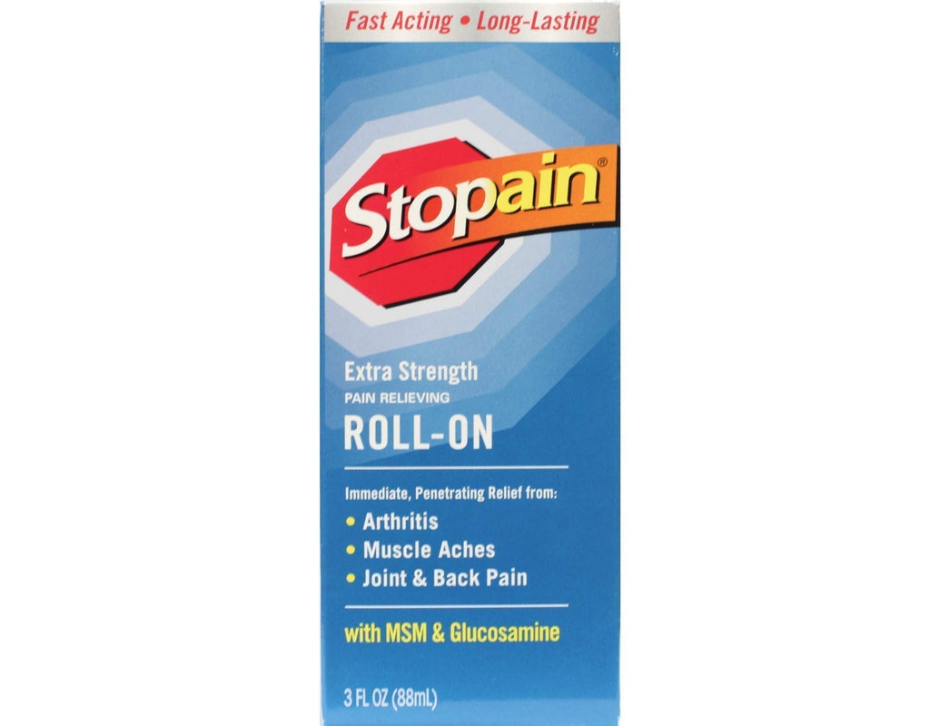 Stopain Pain Relief Roll On Gel 3oz (4 Pack) USA Made, Max Strength Fast Acting with MSM, Glucosamine, Menthol for Lower Back, Knee, Neck, HSA FSA Approved Topical Analgesic Products - TrustMedUSA