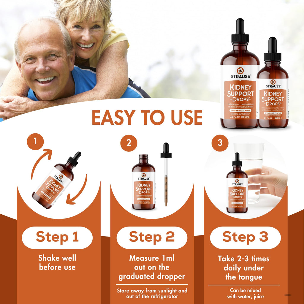 Strauss Naturals Kidney Support Drops – Herbal Kidney Support Supplement for Men and Women – Helps with Kidney Health and Urinary Tract Function – Vegan & Non-GMO – Spearmint Flavored – 100 ml Bottle - TrustMedUSA