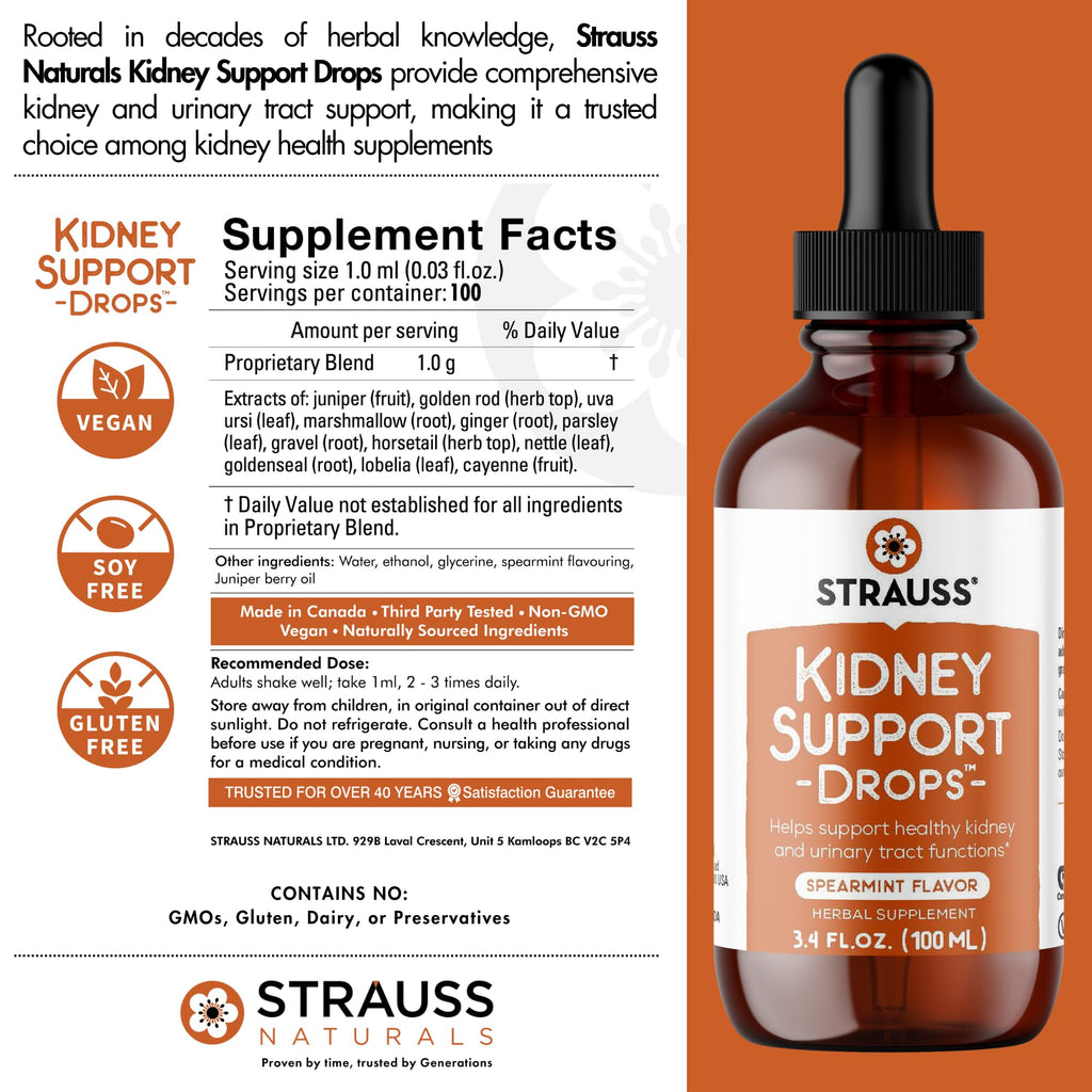 Strauss Naturals Kidney Support Drops – Herbal Kidney Support Supplement for Men and Women – Helps with Kidney Health and Urinary Tract Function – Vegan & Non-GMO – Spearmint Flavored – 100 ml Bottle - TrustMedUSA