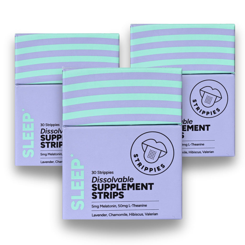 STRIPPIES Dissolvable Sleep Strips – Fast-Acting Melatonin 5mg with L-Theanine, Lavender, Chamomile, Hibiscus & Valerian – Natural Cranberry Flavor – 90 Strips - TrustMedUSA