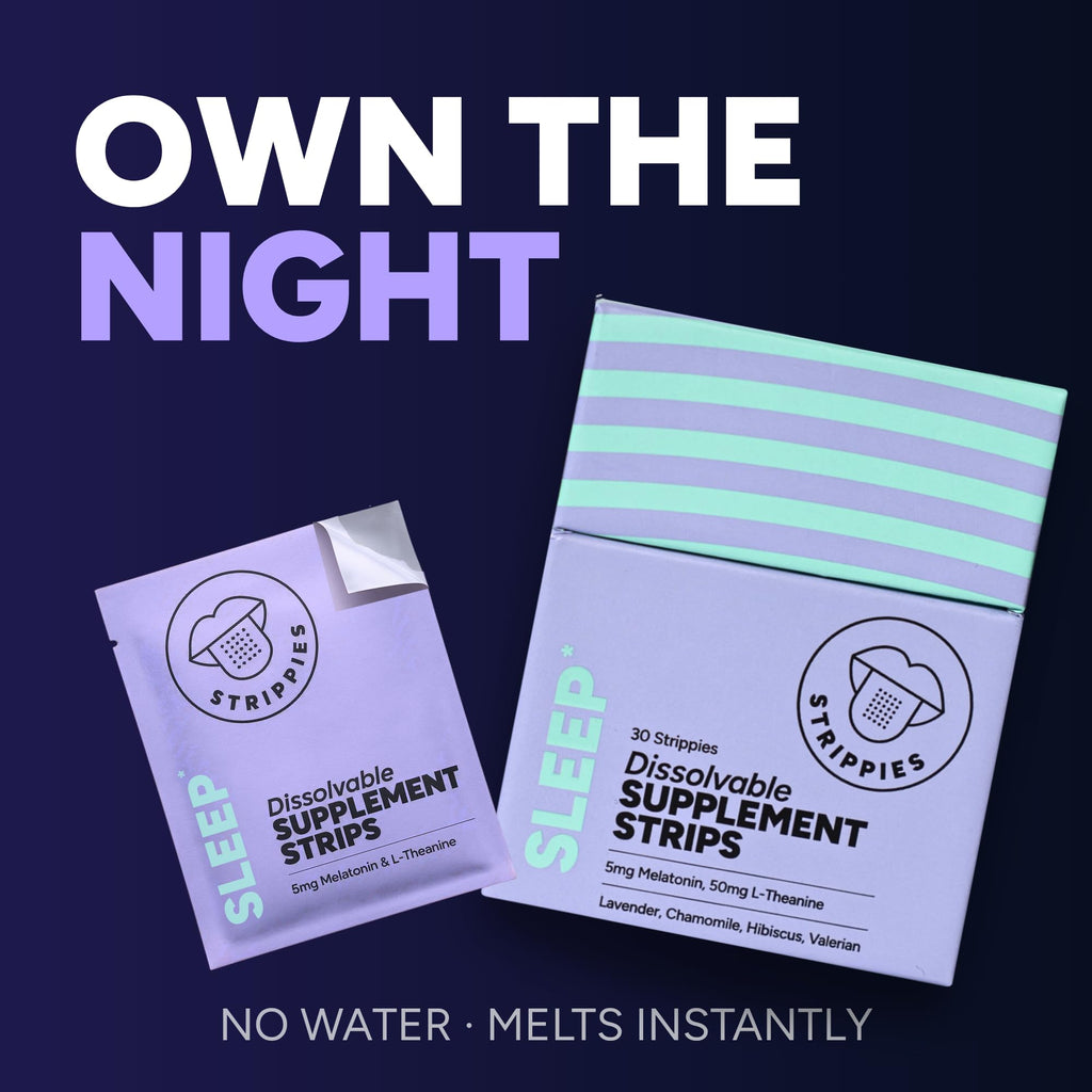 STRIPPIES Dissolvable Sleep Strips – Fast-Acting Melatonin 5mg with L-Theanine, Lavender, Chamomile, Hibiscus & Valerian – Natural Cranberry Flavor – 90 Strips - TrustMedUSA