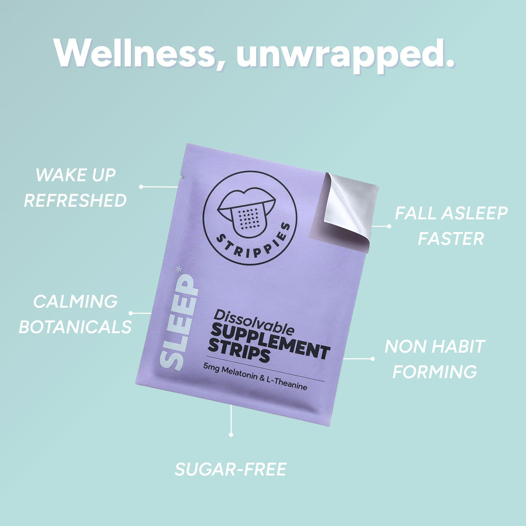 STRIPPIES Dissolvable Sleep Strips – Fast-Acting Melatonin 5mg with L-Theanine, Lavender, Chamomile, Hibiscus & Valerian – Natural Cranberry Flavor – 90 Strips - TrustMedUSA