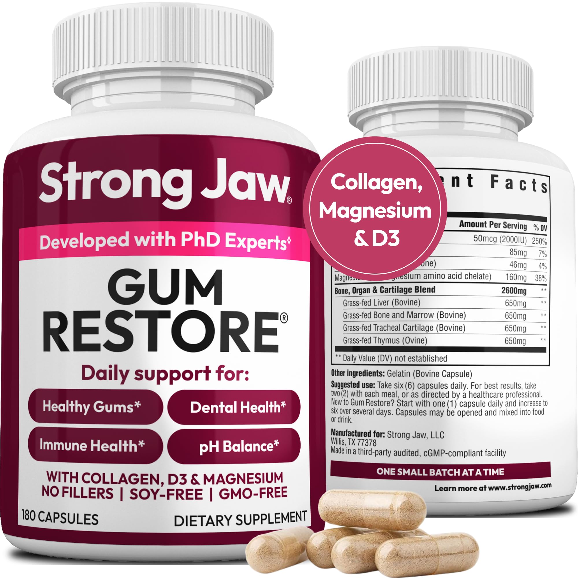 Strong Jaw Gum Restore - Gum Repair for Receding Gums | Teeth Magnesium Supplements, Oral Care, Remineralizing Dental Health Vitamins for Adults | 1 Month Supply, 180 Capsules, Made in USA - TrustMedUSA