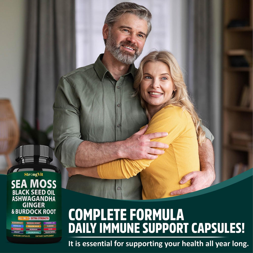 StrongVit Sea Moss Black Seed Oil Ashwagandha Ginger, Organic Sea Moss Capsules with Burdock Root, Irish Seamoss Pills with Bladderwrack, Advanced Multimineral Supplement, USA - TrustMedUSA