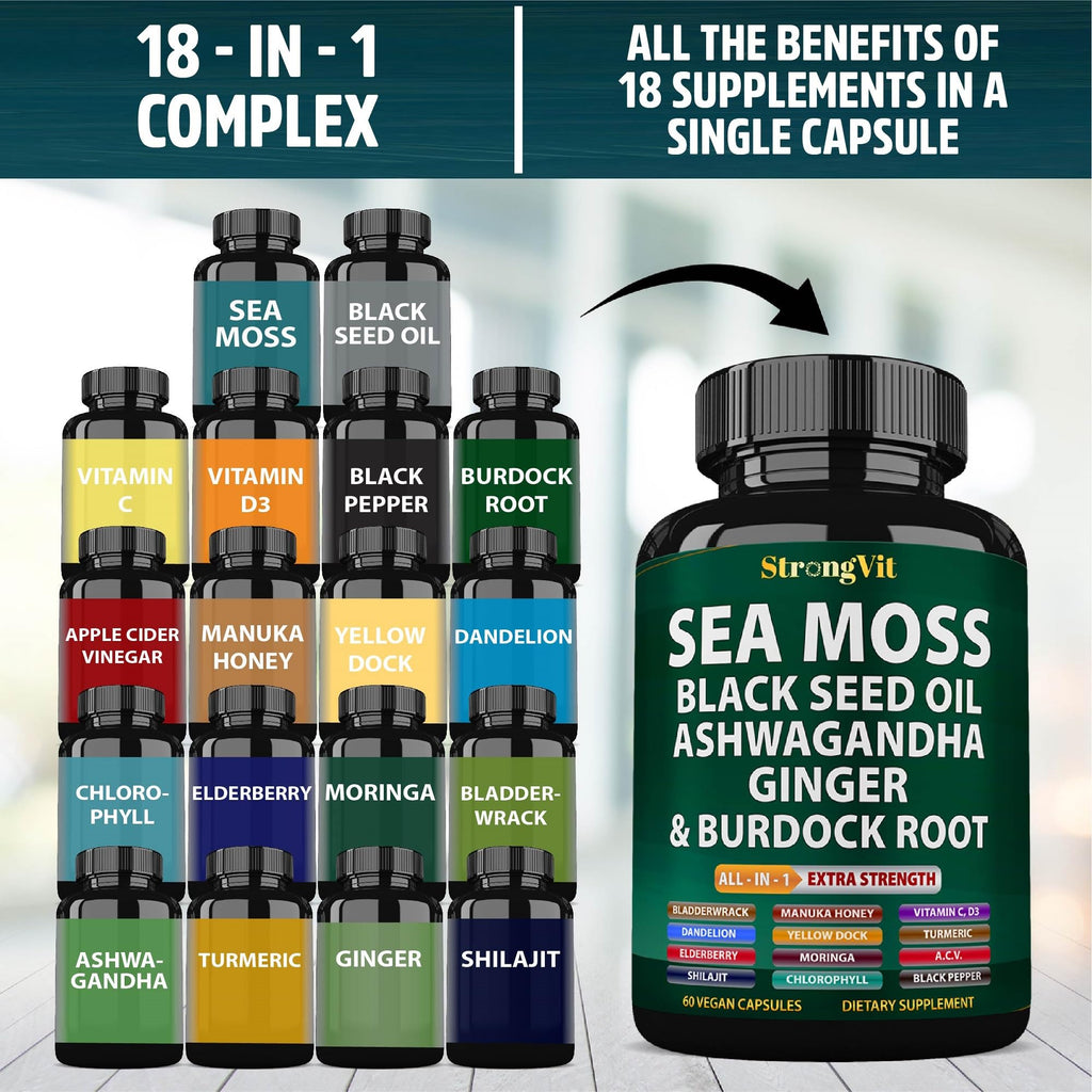 StrongVit Sea Moss Black Seed Oil Ashwagandha Ginger, Organic Sea Moss Capsules with Burdock Root, Irish Seamoss Pills with Bladderwrack, Advanced Multimineral Supplement, USA - TrustMedUSA