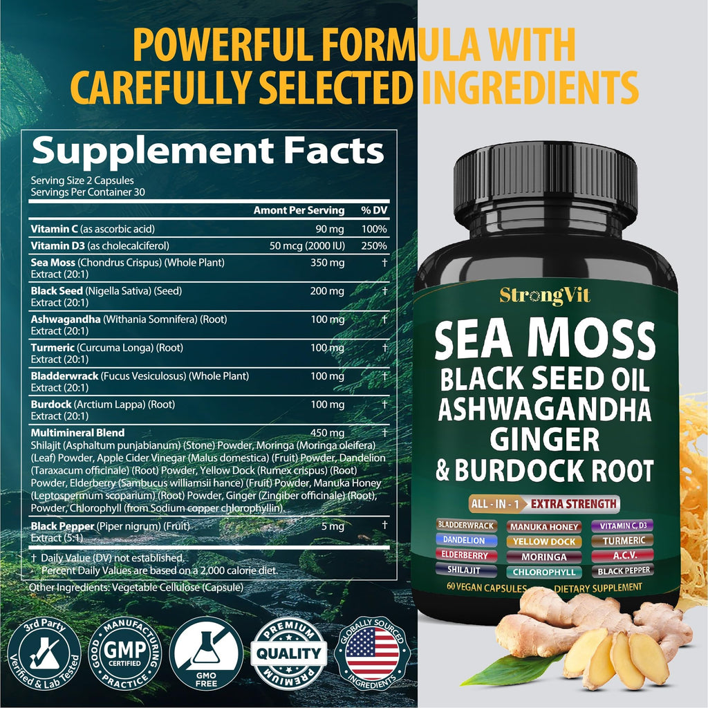 StrongVit Sea Moss Black Seed Oil Ashwagandha Ginger, Organic Sea Moss Capsules with Burdock Root, Irish Seamoss Pills with Bladderwrack, Advanced Multimineral Supplement, USA - TrustMedUSA