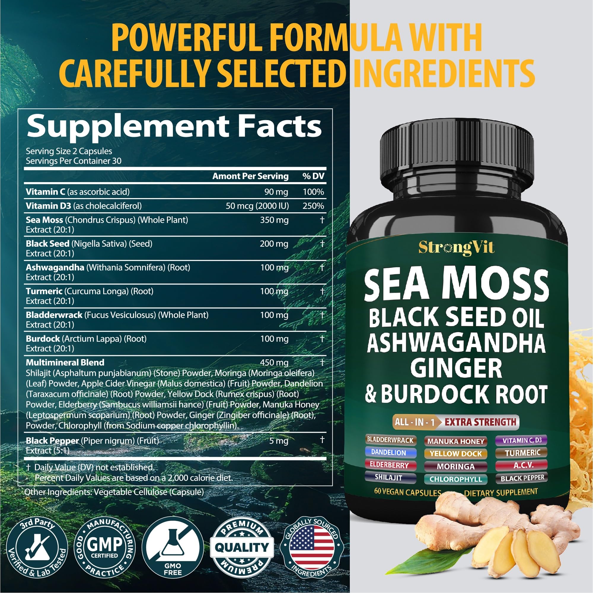StrongVit Sea Moss Black Seed Oil Ashwagandha Ginger, Organic Sea Moss Capsules with Burdock Root, Irish Seamoss Pills with Bladderwrack, Advanced Multimineral Supplement, USA - TrustMedUSA