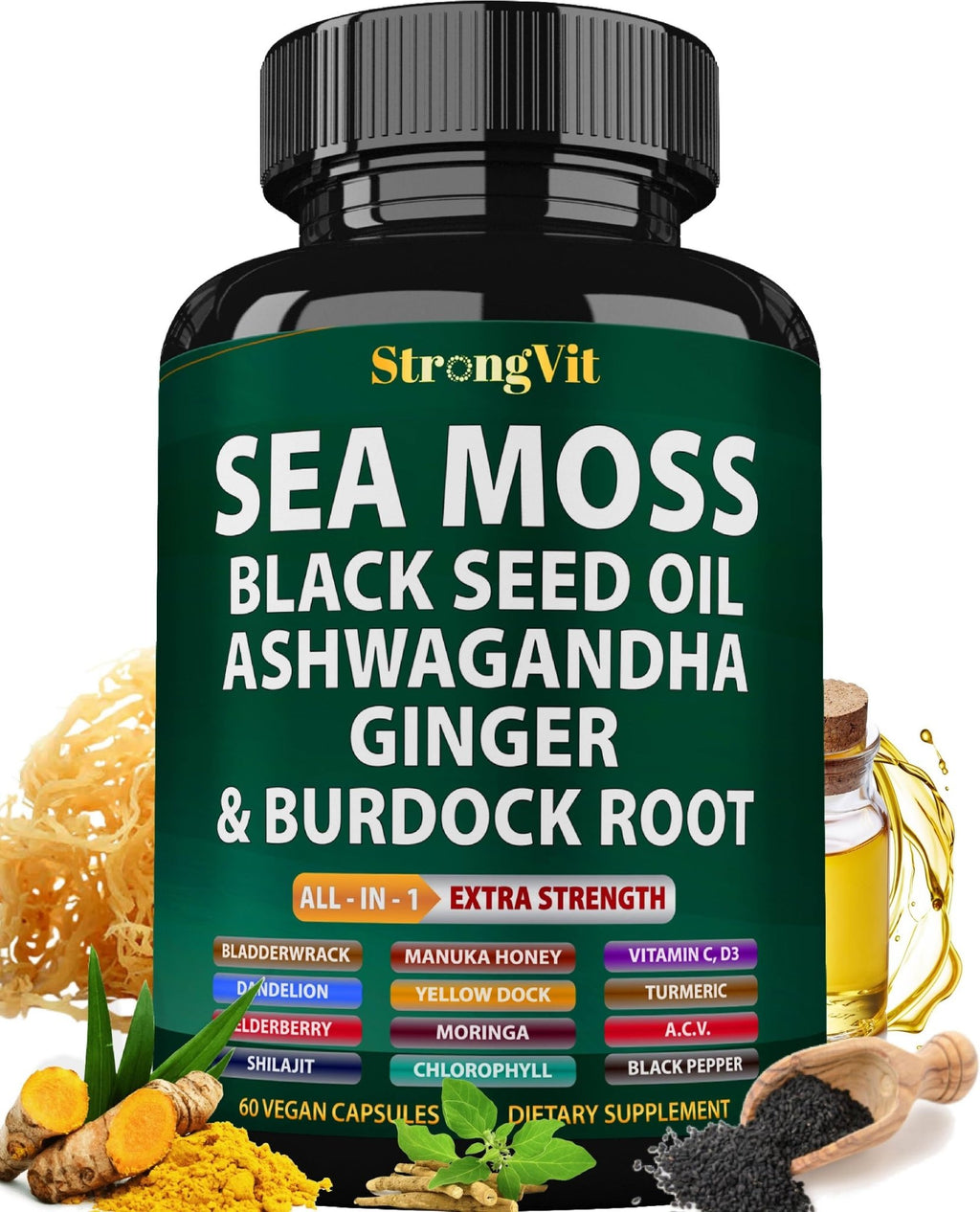 StrongVit Sea Moss Black Seed Oil Ashwagandha Ginger, Organic Sea Moss Capsules with Burdock Root, Irish Seamoss Pills with Bladderwrack, Advanced Multimineral Supplement, USA - TrustMedUSA